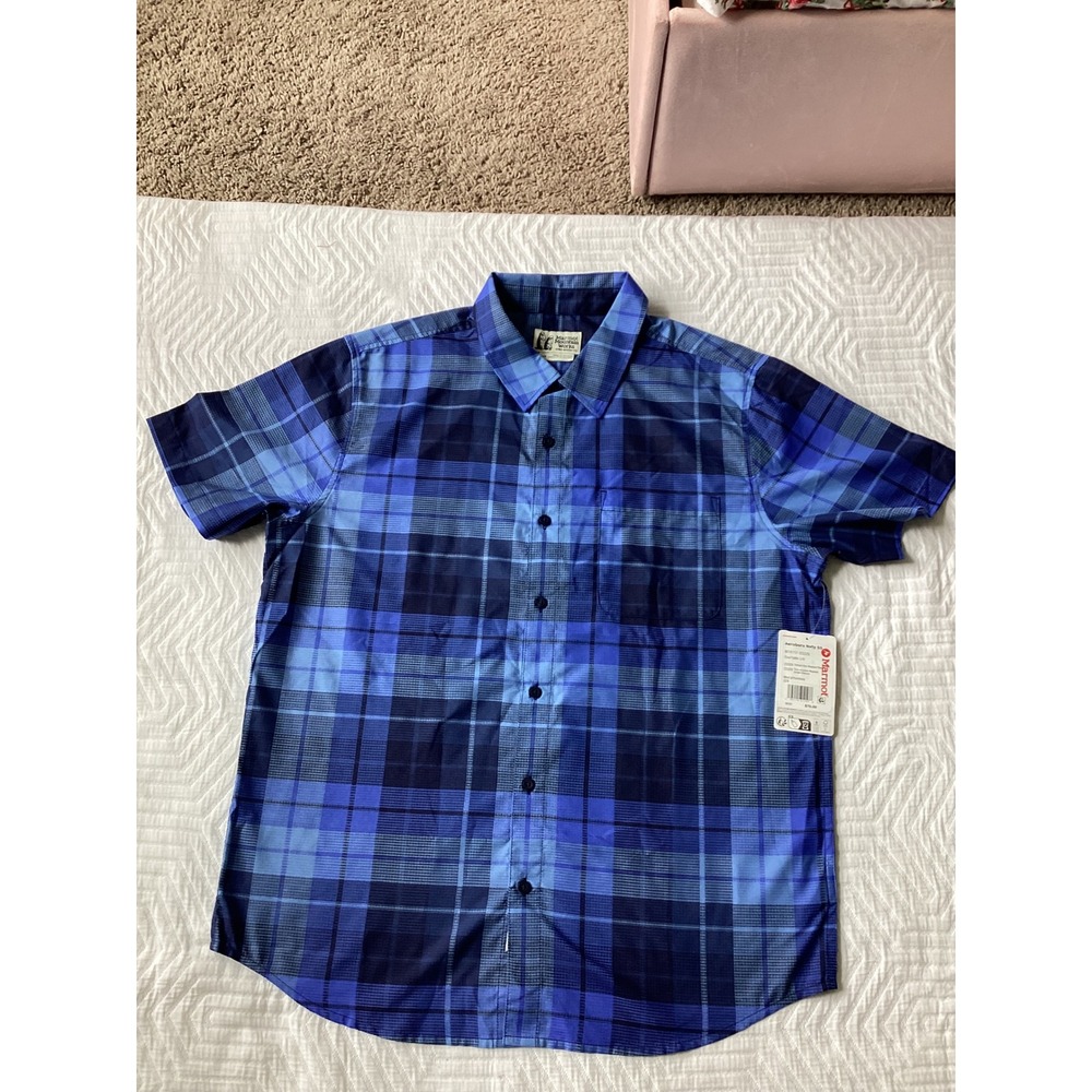 Marmot Aerobora SS Blue Plaid Men’s Shirt L Quick Dry Breathable Hiking Outdoor